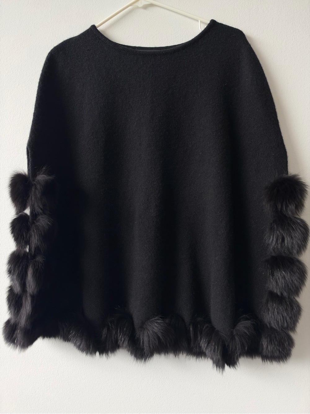 Black Faux Fur Trim Poncho Sweater